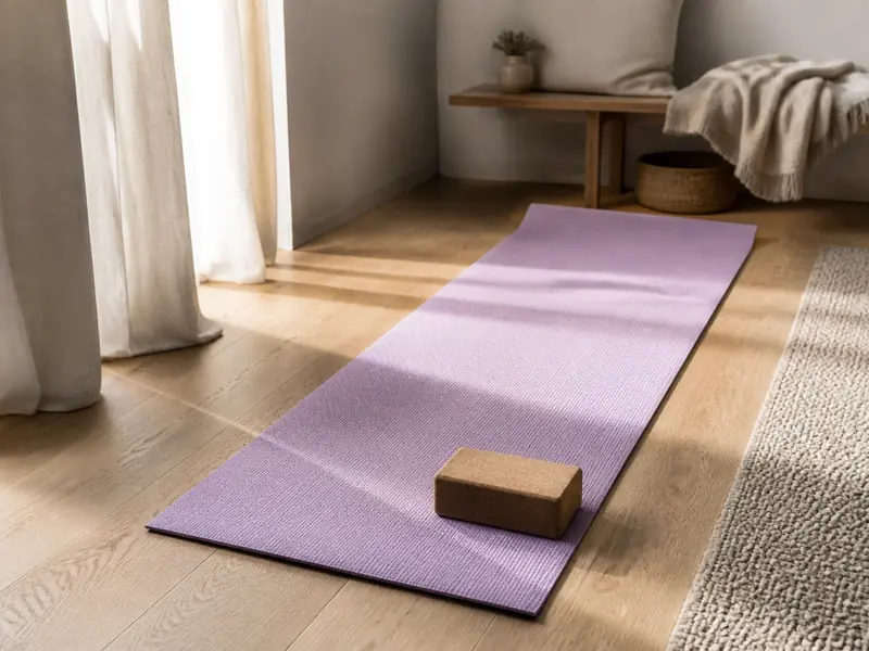 Tapis de yoga lilas déroulé sur un parquet clair, une brique de liège posée dessus, dans la lumière d’une fenêtre
