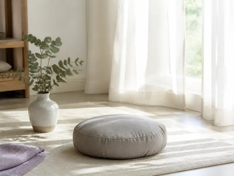 Coussin rond gris galet posé sur un tapis crème près d’une fenêtre voilée, à côté d’un vase d’eucalyptus
