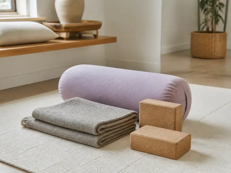 Bolster lilas, couverture de laine grise pliée et deux briques de liège posés sur un tapis crème pour une pratique au sol