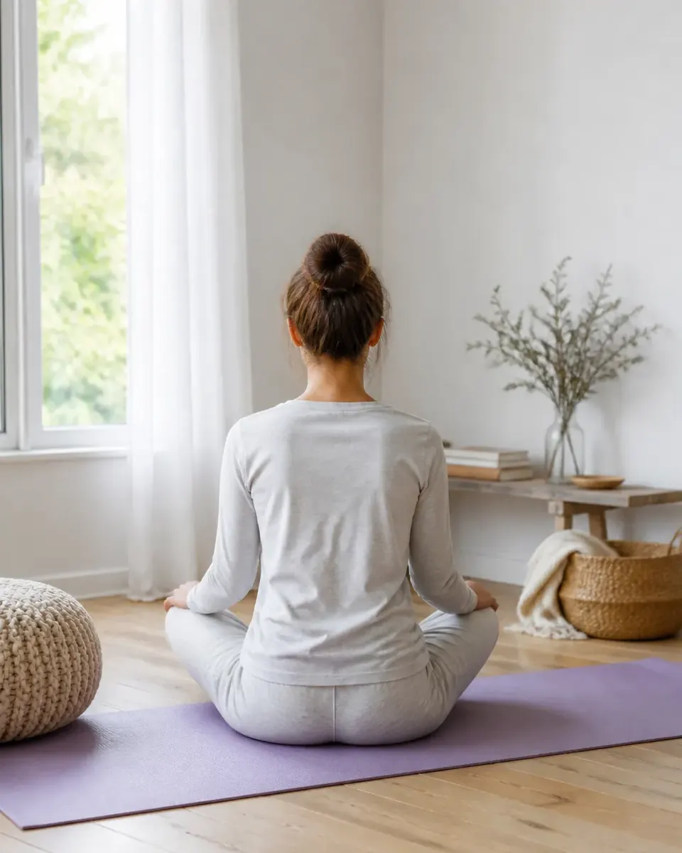 Pratiquante vue de dos, assise en tailleur sur un tapis lilas, dans une pièce claire près d’une fenêtre