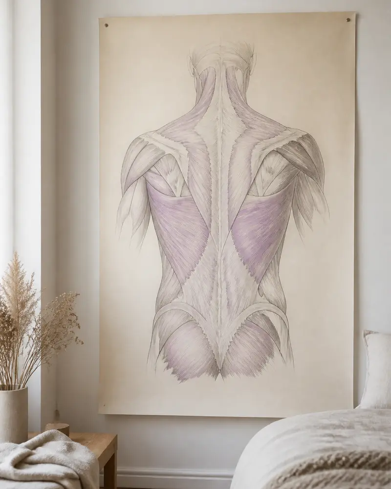 Planche anatomique au crayon et à l’aquarelle lilas pâle montrant les muscles du dos et leurs enveloppes, fixée à un mur clair