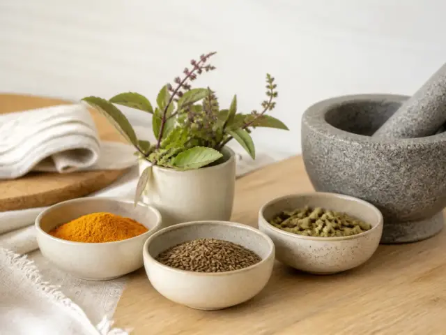 Bols de curcuma, de graines de cumin et de cardamome à côté d’un pot de basilic sacré et d’un mortier en pierre