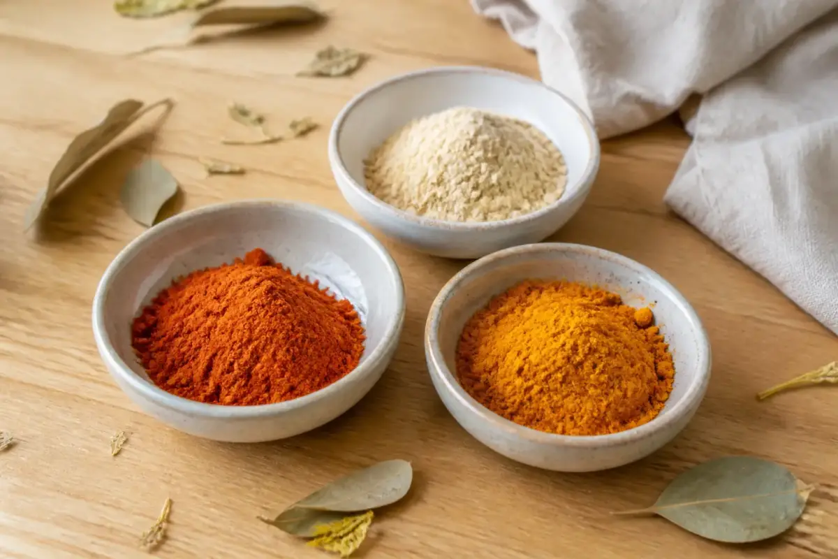 Coupelles d’épices en poudre ocre, rouille et crème posées sur une table de bois clair