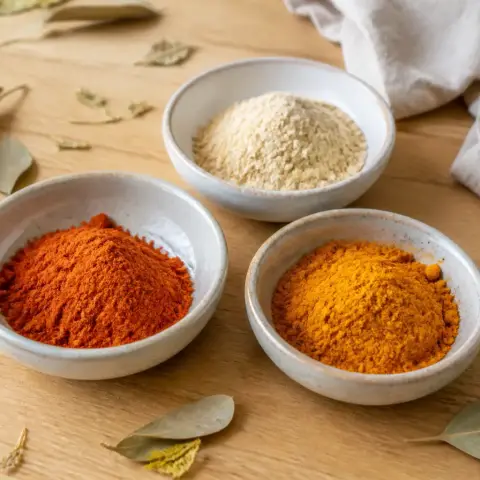 Coupelles d’épices en poudre ocre, rouille et crème posées sur une table de bois clair