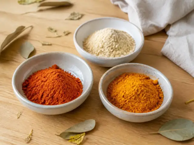 Coupelles d’épices en poudre ocre, rouille et crème posées sur une table de bois clair