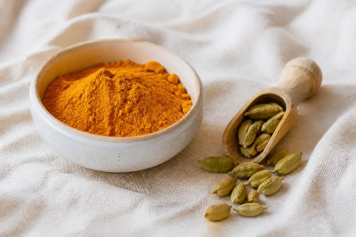 Bol de curcuma en poudre et gousses de cardamome sur un linge écru, lumière chaude