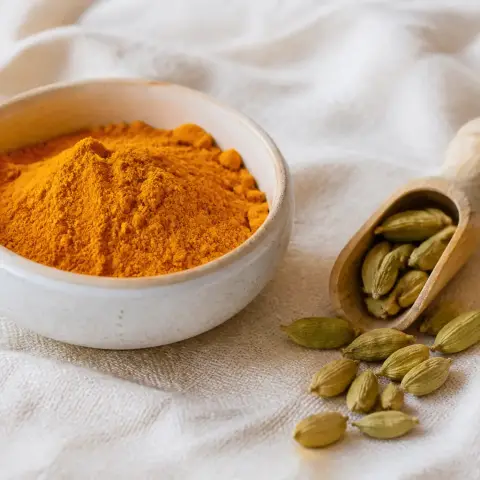 Bol de curcuma en poudre et gousses de cardamome sur un linge écru, lumière chaude