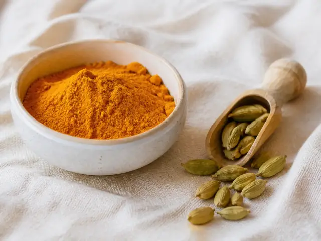 Bol de curcuma en poudre et gousses de cardamome sur un linge écru, lumière chaude