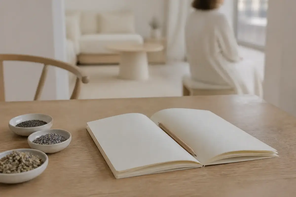 Carnet ouvert et crayon posés à côté de trois petites coupelles de graines et d’épices