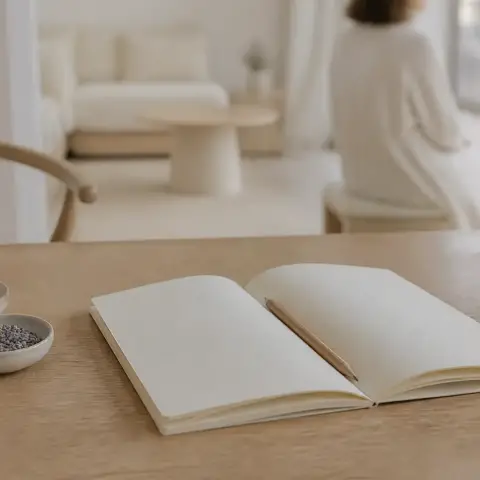 Carnet ouvert et crayon posés à côté de trois petites coupelles de graines et d’épices