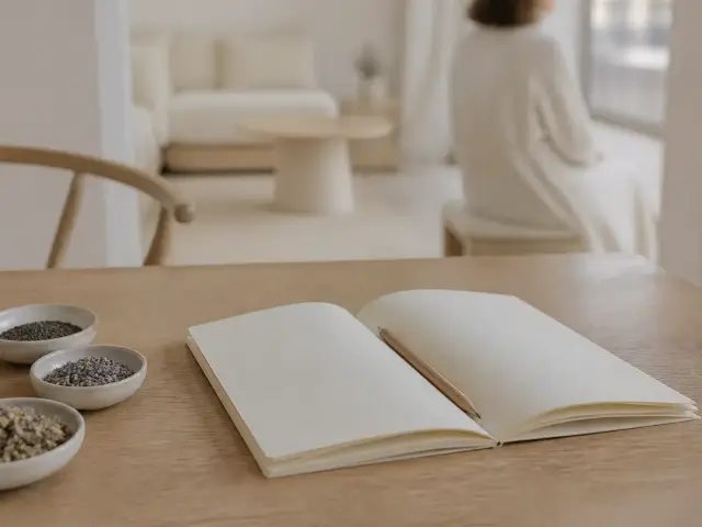 Carnet ouvert et crayon posés à côté de trois petites coupelles de graines et d’épices