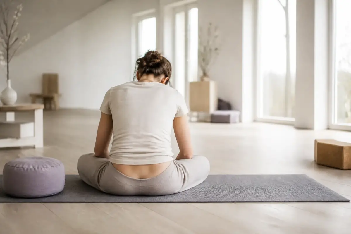 Dos nu vu de dos en légère flexion sur un tapis de sol, lumière rasante sur la région lombaire