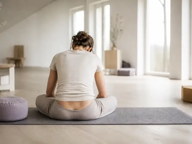 Dos nu vu de dos en légère flexion sur un tapis de sol, lumière rasante sur la région lombaire