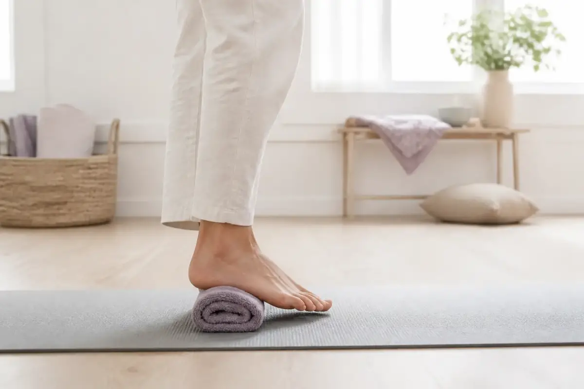 Pied nu posé sur un tapis de sol, vu de profil, talon en appui sur une serviette roulée