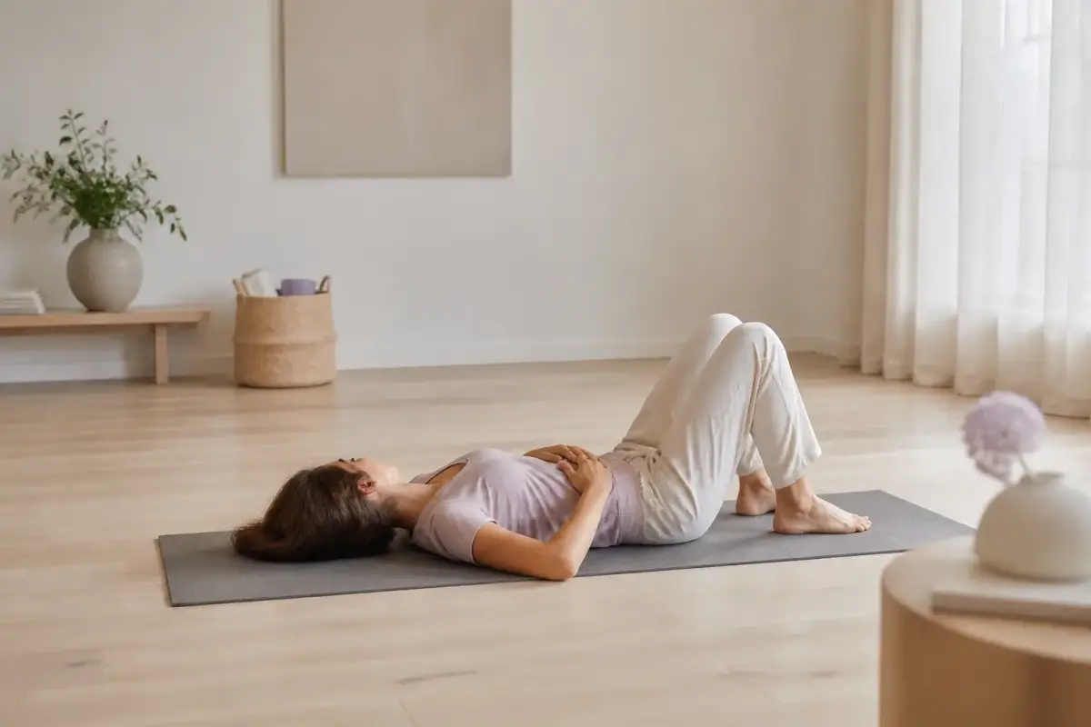 Femme allongée sur le dos sur un tapis, genoux pliés, mains posées sur le bas du ventre, vue de profil lointain