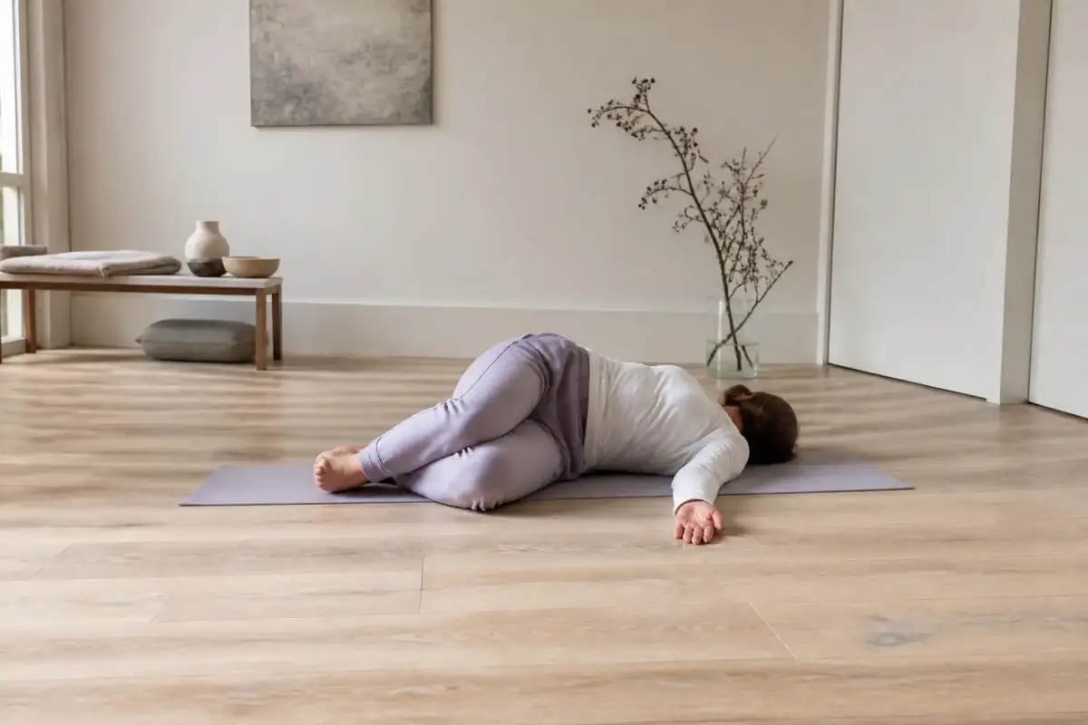 Personne allongée sur le dos sur un tapis, genoux pliés, la tête tournée sur le côté, dans une pièce calme