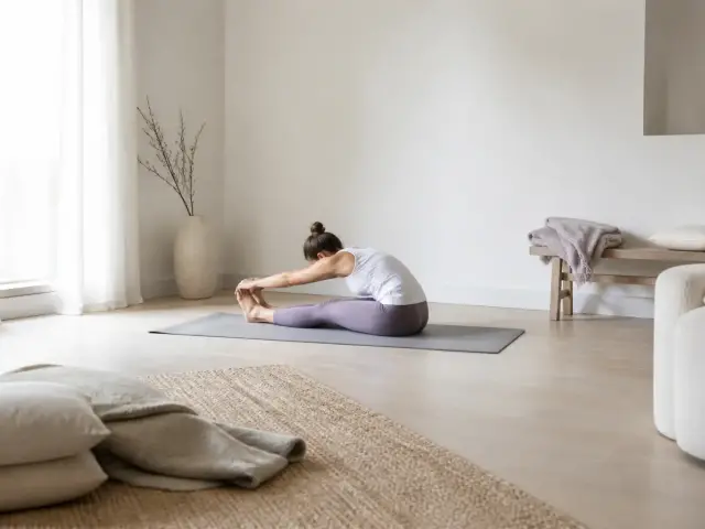 Personne assise au sol, jambes tendues devant elle, mains glissant vers les chevilles, vue de profil lointain