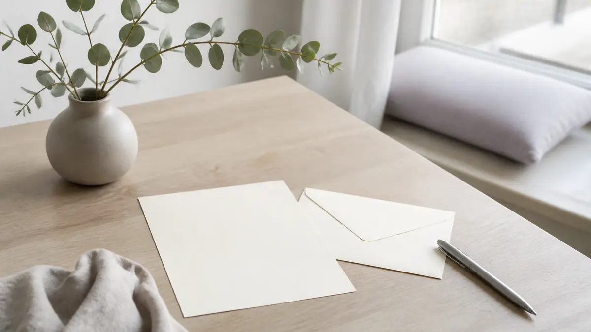 Feuille de papier crème et enveloppe posées sur une table de bois clair, à côté d’un stylo et d’une branche d’eucalyptus