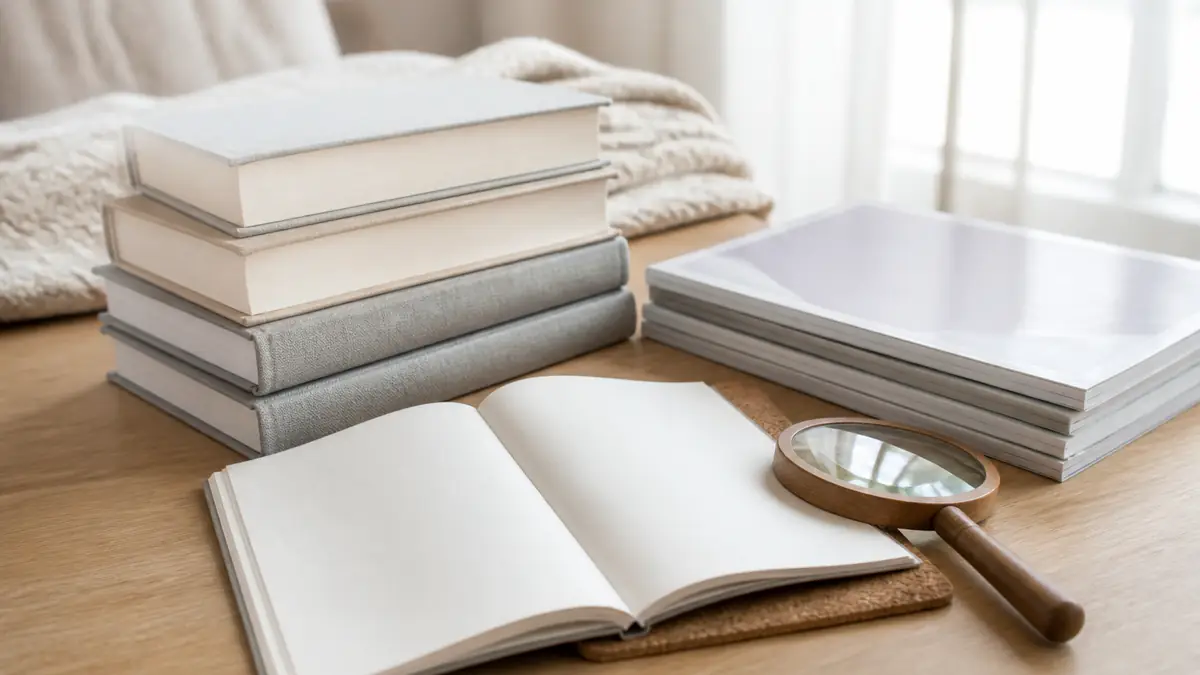 Pile de livres reliés en toile grise et crème, revues fermées, carnet ouvert et loupe posés sur une table de bois clair
