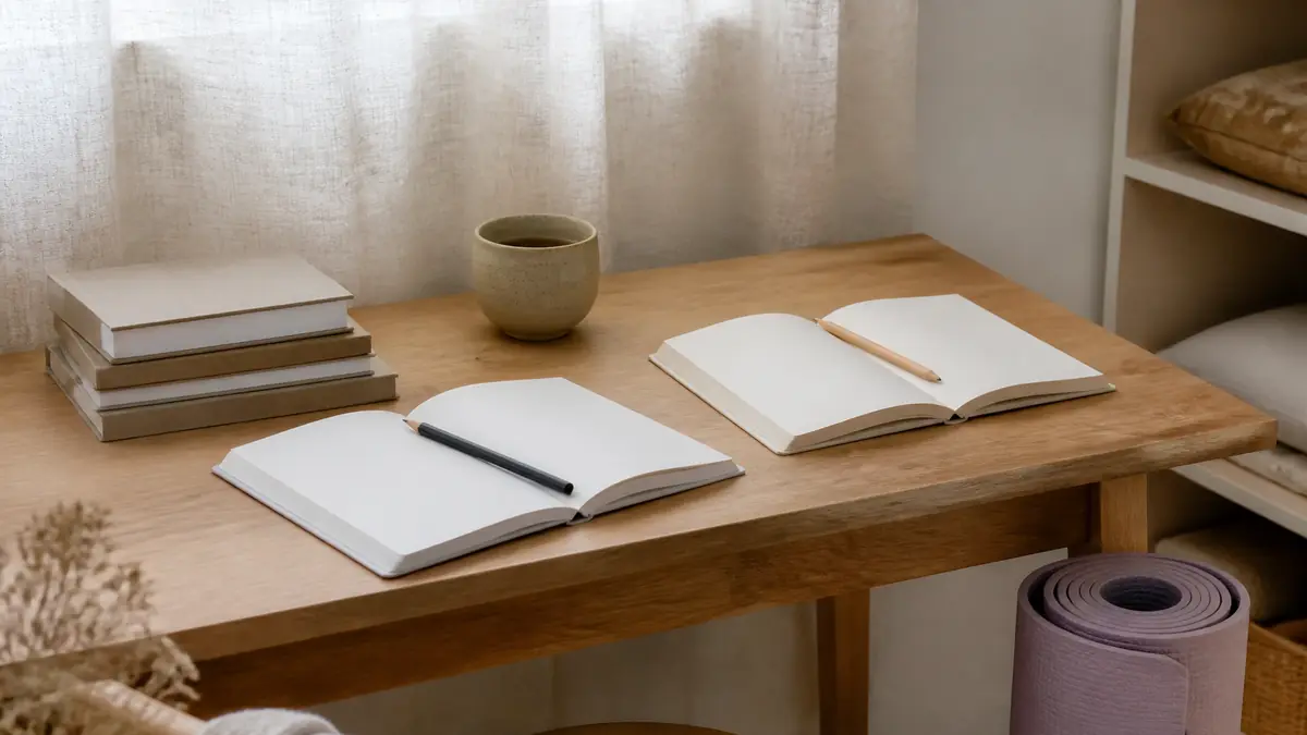 Table de bois clair avec deux carnets ouverts, une tasse de tisane et une pile de livres, un tapis de yoga lilas roulé posé contre elle