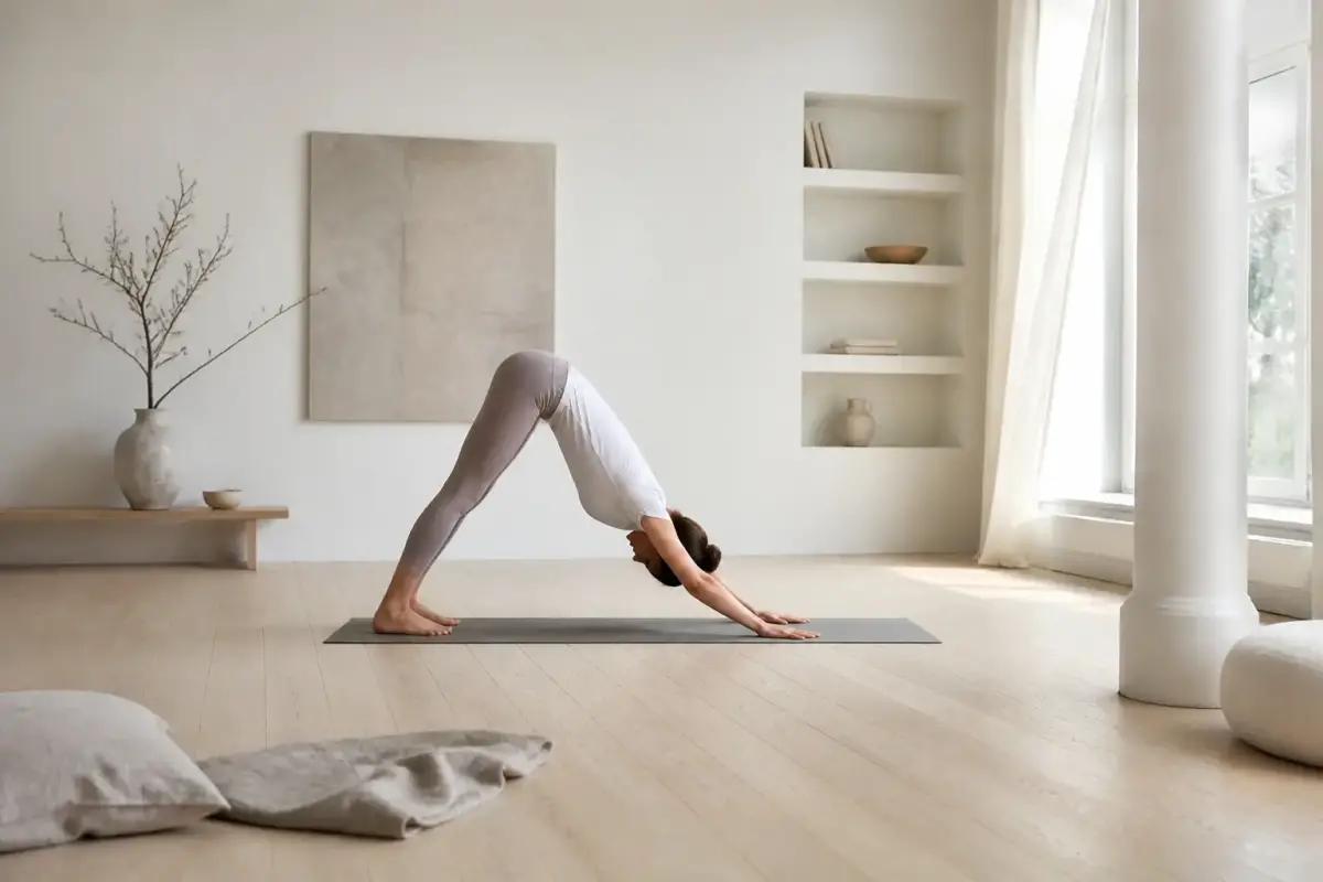 Personne de profil sur un tapis de yoga en V renversé, mains et pieds au sol, bassin vers le haut