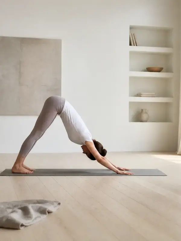 Personne de profil sur un tapis de yoga en V renversé, mains et pieds au sol, bassin vers le haut