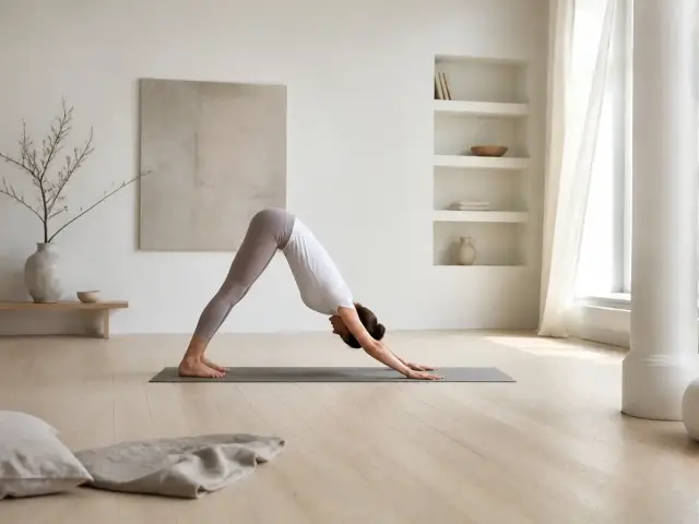 Personne de profil sur un tapis de yoga en V renversé, mains et pieds au sol, bassin vers le haut
