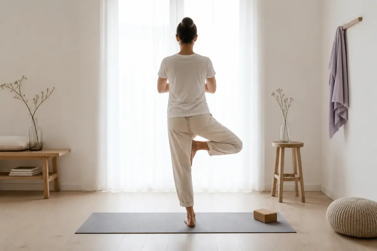 Personne de dos debout sur une jambe, l'autre pied posé contre l'intérieur de la cuisse, mains jointes devant la poitrine