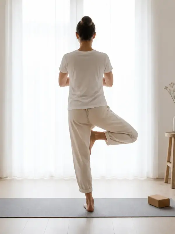 Personne de dos debout sur une jambe, l'autre pied posé contre l'intérieur de la cuisse, mains jointes devant la poitrine