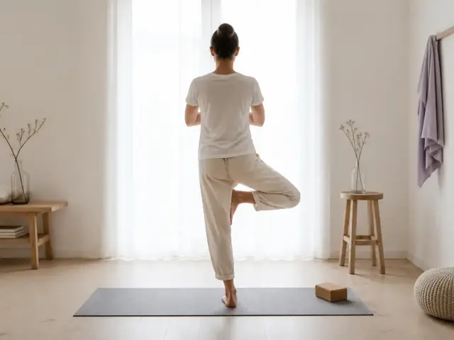 Personne de dos debout sur une jambe, l'autre pied posé contre l'intérieur de la cuisse, mains jointes devant la poitrine