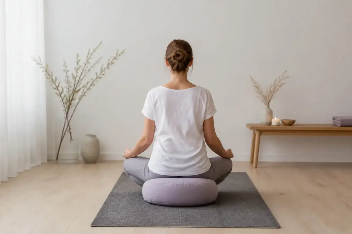 Personne assise de dos sur un coussin, jambes croisées en lotus, mains posées sur les genoux