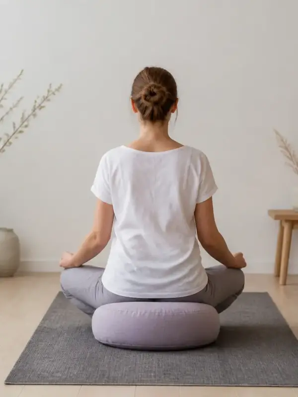 Personne assise de dos sur un coussin, jambes croisées en lotus, mains posées sur les genoux