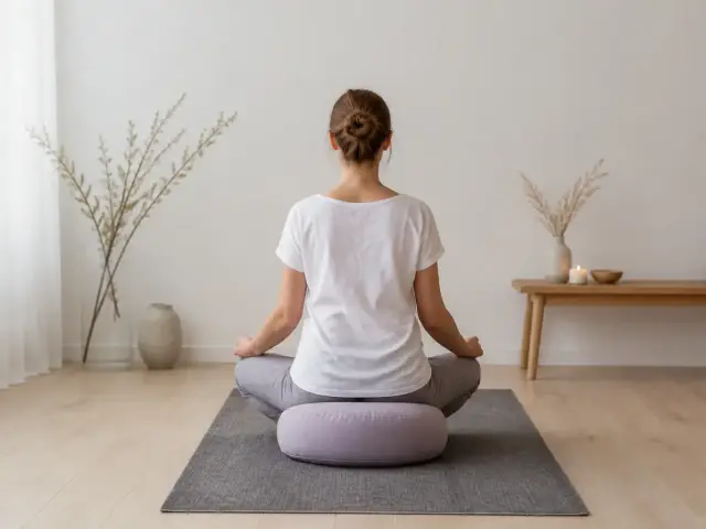 Personne assise de dos sur un coussin, jambes croisées en lotus, mains posées sur les genoux