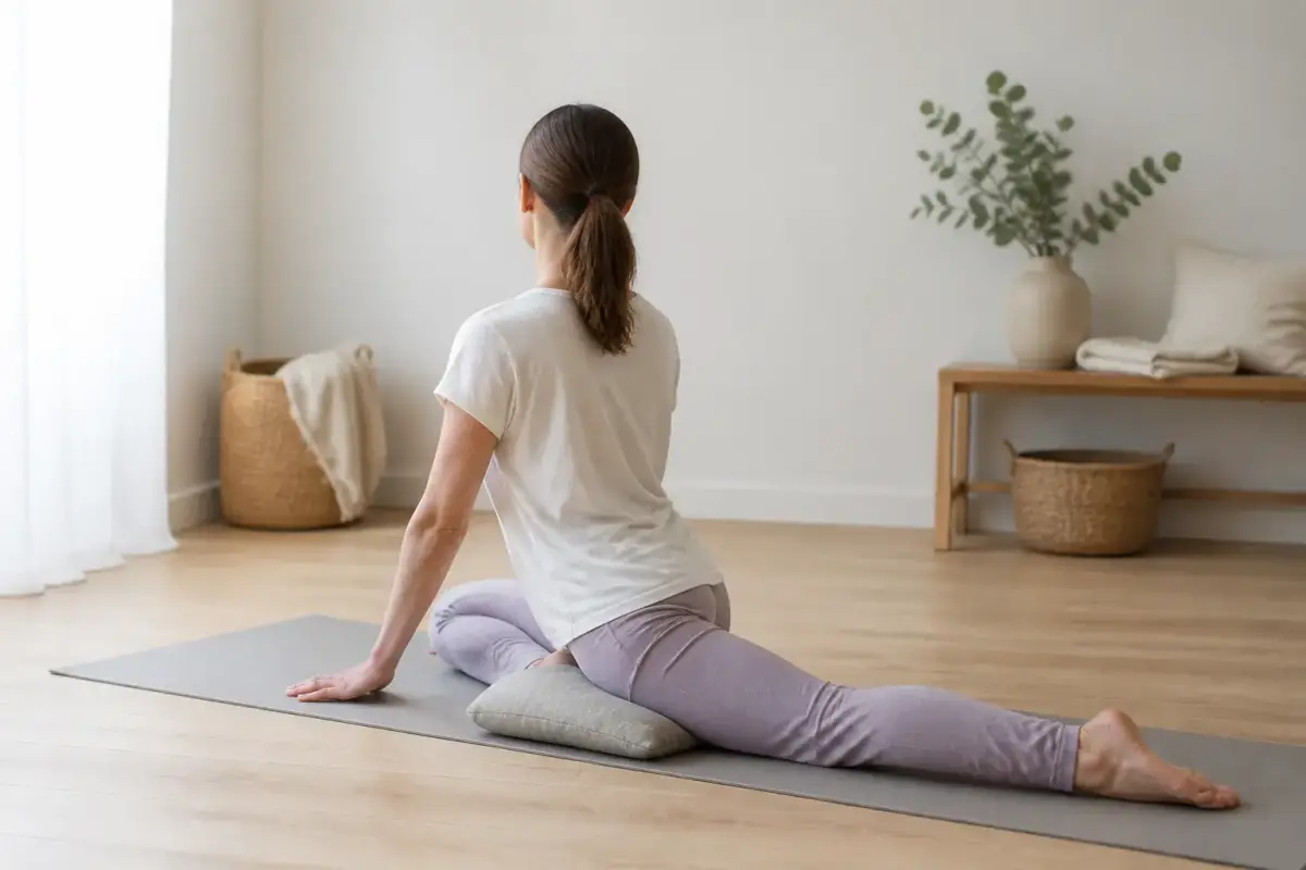 Personne de dos assise au sol en posture du pigeon, jambe avant pliée et jambe arrière allongée sur un tapis