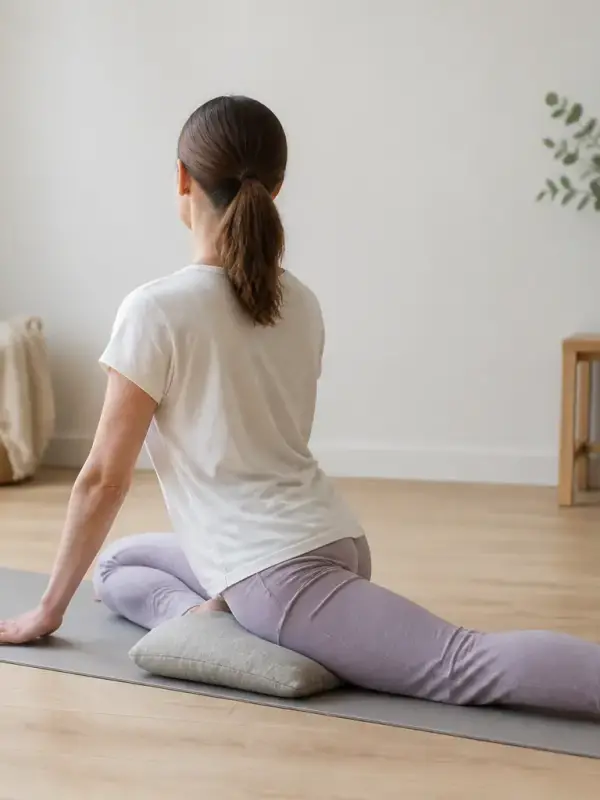 Personne de dos assise au sol en posture du pigeon, jambe avant pliée et jambe arrière allongée sur un tapis