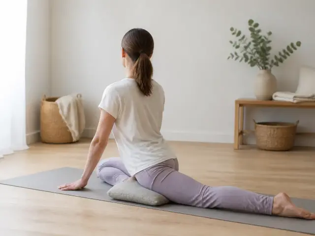 Personne de dos assise au sol en posture du pigeon, jambe avant pliée et jambe arrière allongée sur un tapis