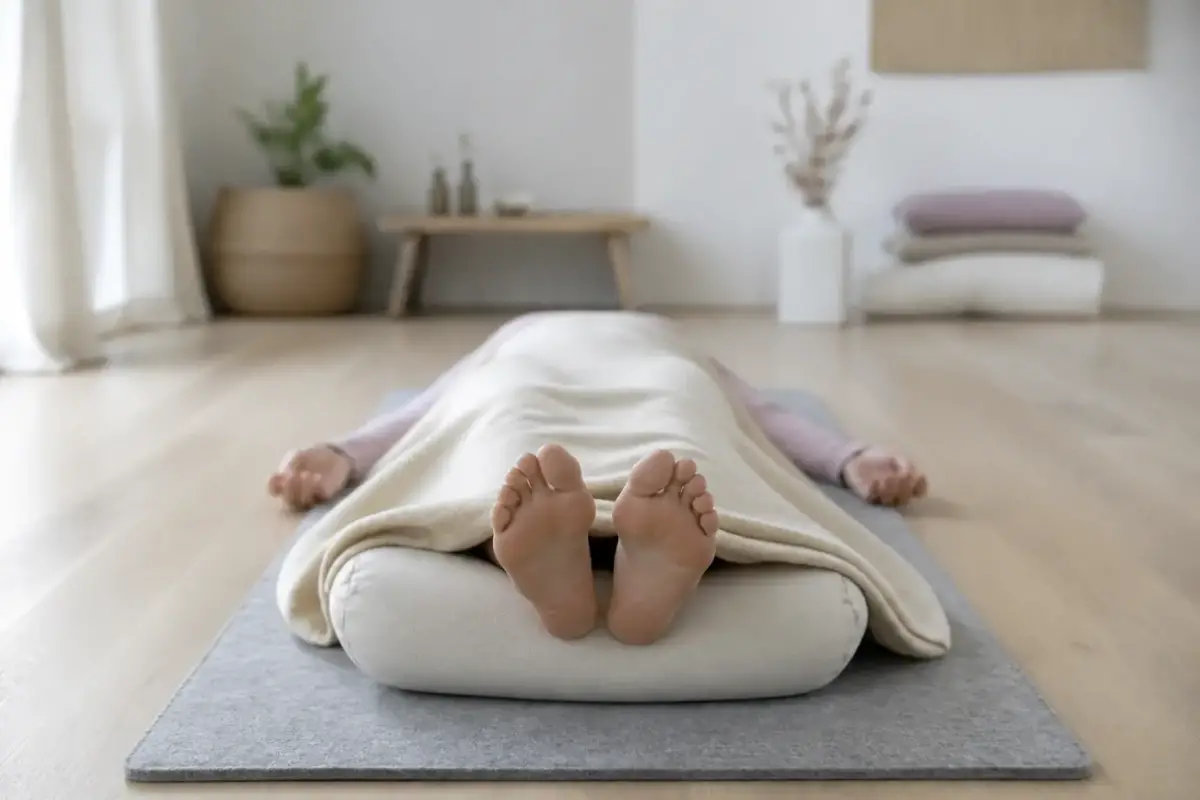 Personne allongée sur le dos sur un tapis, bras écartés paumes vers le haut, couverture sur les jambes