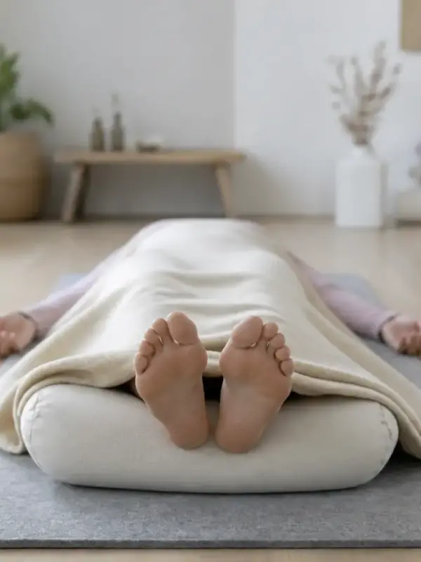 Personne allongée sur le dos sur un tapis, bras écartés paumes vers le haut, couverture sur les jambes