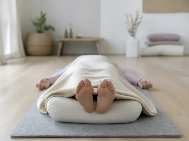 Personne allongée sur le dos sur un tapis, bras écartés paumes vers le haut, couverture sur les jambes
