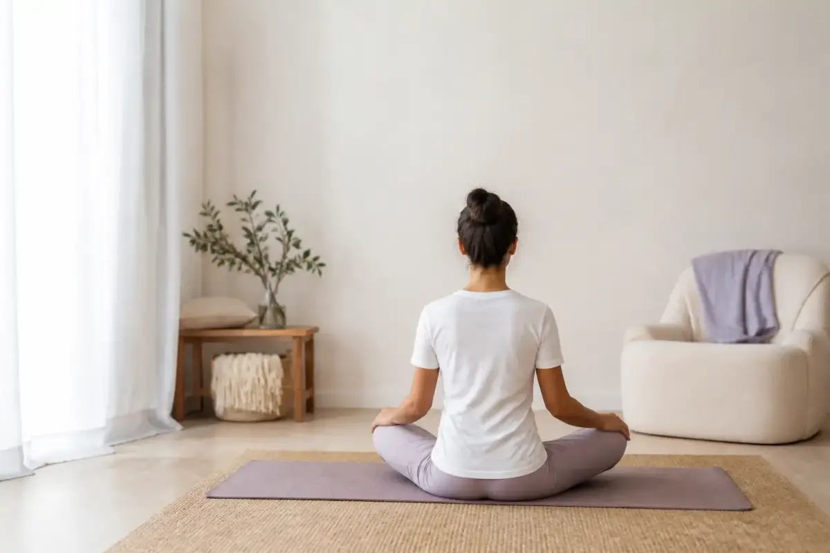 Personne assise en tailleur, vue de dos, mains posées sur les genoux, le dos droit sur un tapis