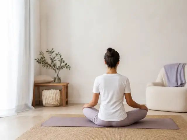 Personne assise en tailleur, vue de dos, mains posées sur les genoux, le dos droit sur un tapis