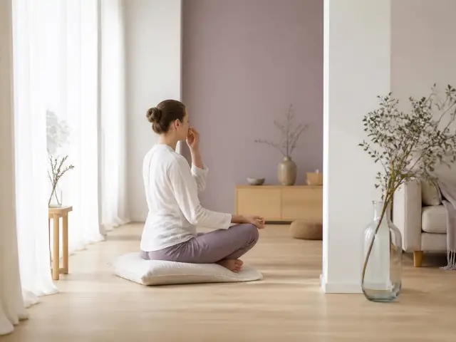 Personne assise en tailleur vue de profil lointain, main droite levée devant le nez, main gauche posée sur le genou