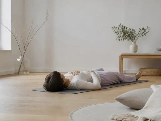 Personne allongée sur le dos sur un tapis, vue de profil lointain, mains posées sur le ventre et la poitrine