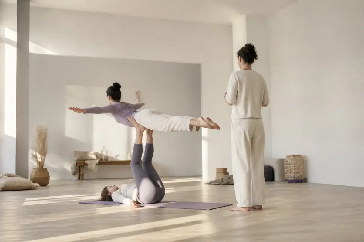 Deux personnes vues de loin en figure d’acroyoga, l’une allongée au sol soutenant l’autre sur ses pieds, une troisième à côté