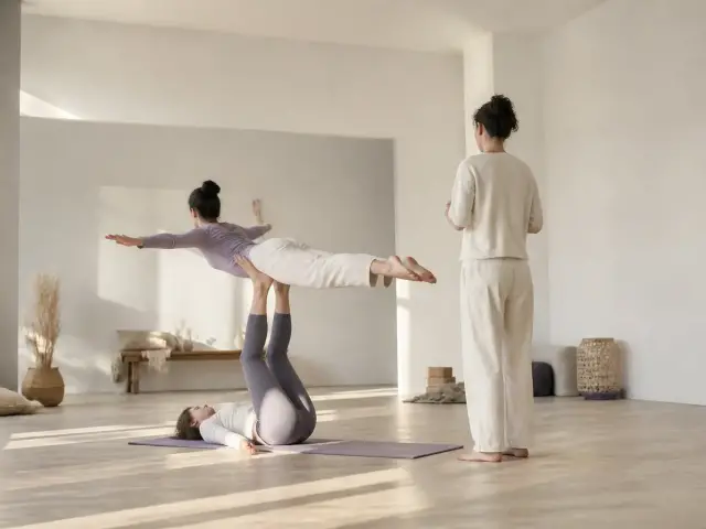Deux personnes vues de loin en figure d’acroyoga, l’une allongée au sol soutenant l’autre sur ses pieds, une troisième à côté