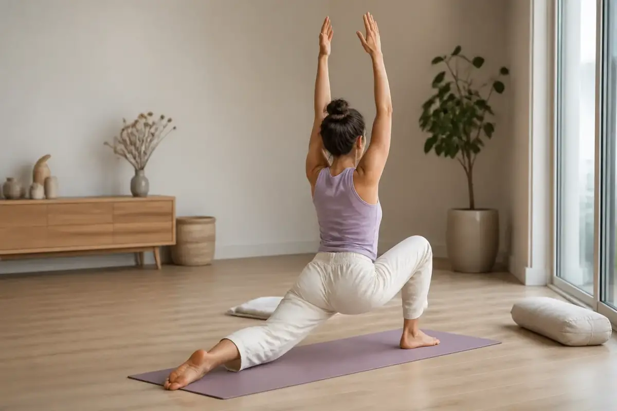 Silhouette de dos en fente basse sur un tapis de yoga, bras tendus vers le haut, dans une salle lumineuse