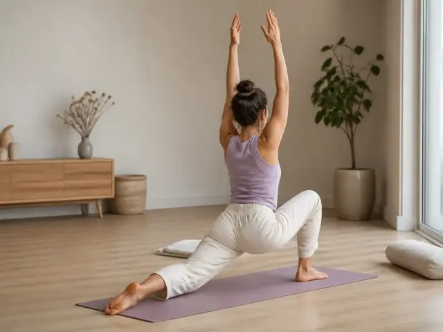 Silhouette de dos en fente basse sur un tapis de yoga, bras tendus vers le haut, dans une salle lumineuse