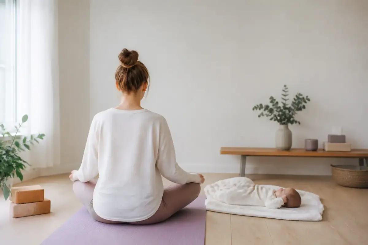 Femme assise en tailleur sur un tapis, vue de dos, un bébé allongé sur une couverture à côté d’elle