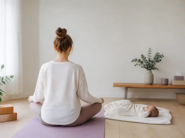 Femme assise en tailleur sur un tapis, vue de dos, un bébé allongé sur une couverture à côté d’elle
