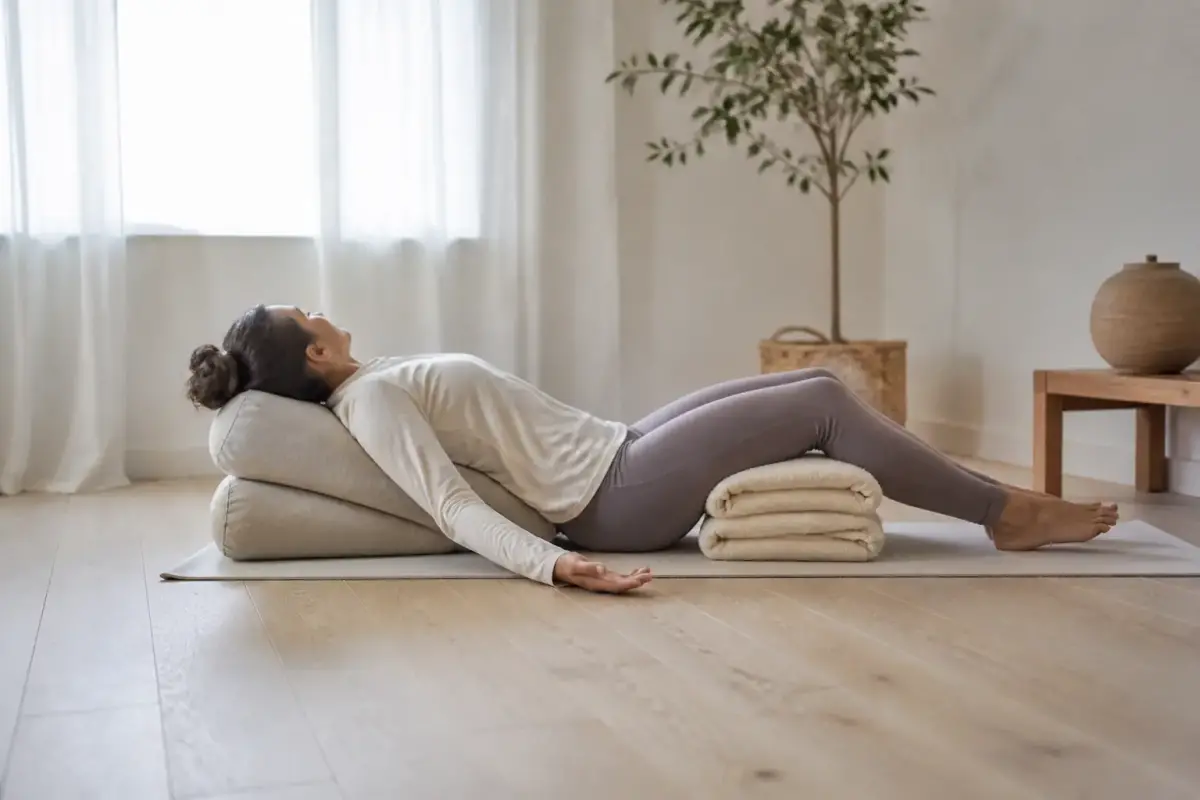 Personne allongée sur un traversin, genoux ouverts soutenus par des couvertures pliées, sur un tapis de yoga